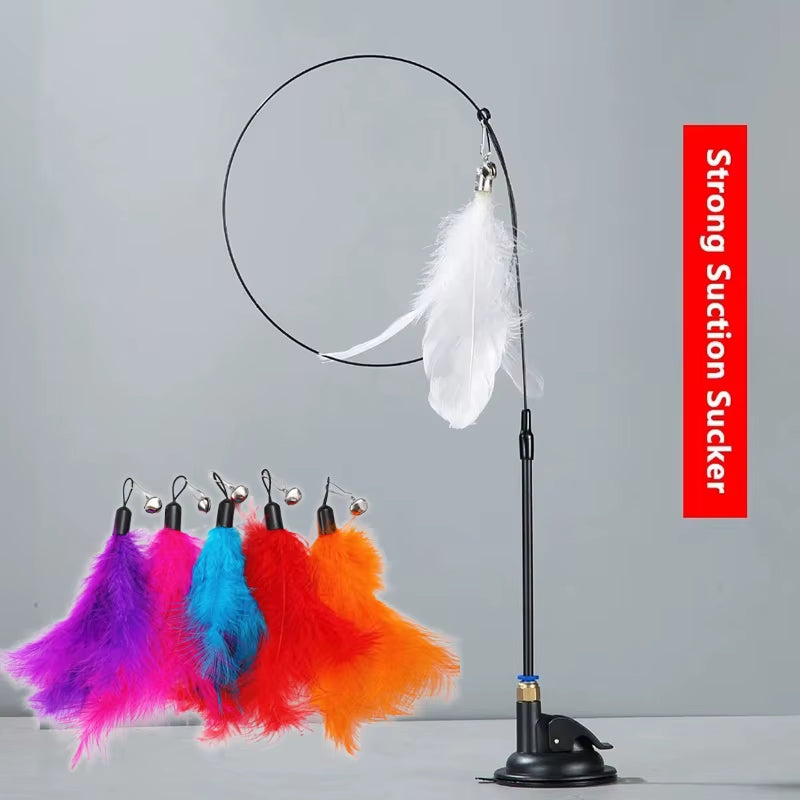 Cat Teaser Toy Cat Teaser Pole with Feather Bell Extended Rod Suction Cup Durable Bite Teaser Stick Replaceable Feather Head