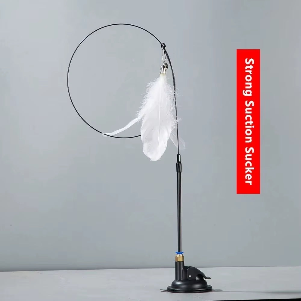 Cat Teaser Toy Cat Teaser Pole with Feather Bell Extended Rod Suction Cup Durable Bite Teaser Stick Replaceable Feather Head